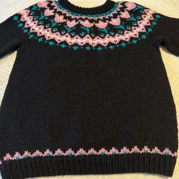 Vintage Women’s Hand Knit Crew Neck Fair Isle Tulip Sweater Black Medium Large - Picture 4 of 6